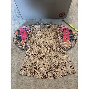 THML Anthropologie Embroidered Jungle Floral Leopard Blouse Size Small